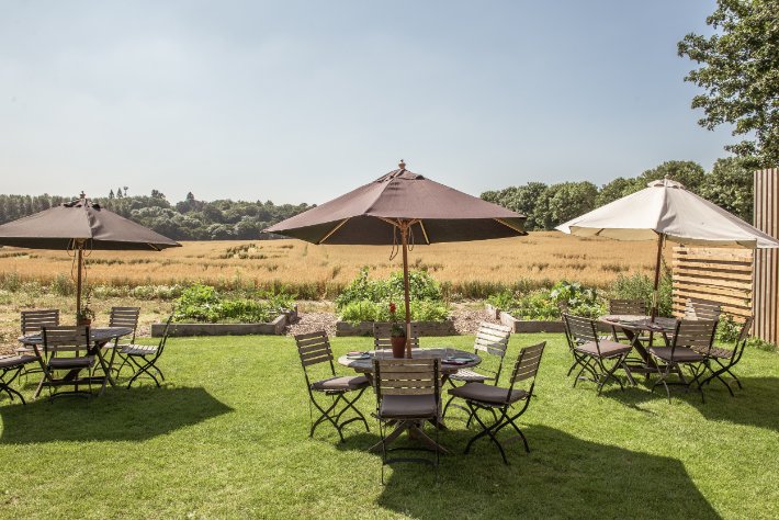 Guests enjoying corporate event on terrace at Balfour Winery Kent