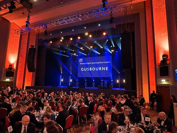 Food and Drink Federation Awards ceremony with Gusbourne displayed as the winners’ English sparkling wine supplier.